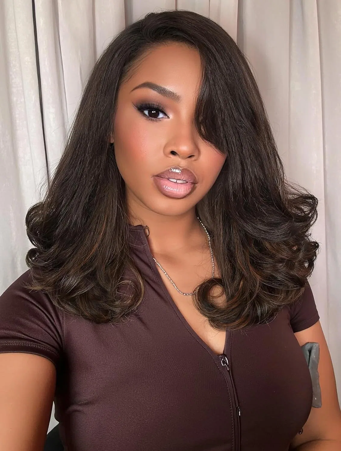 Синтетический парик «Yaki Straight Curly Wavy» с кружевной передней частью от WIGNEE, 16 дюймов Wignee, Brun Méché