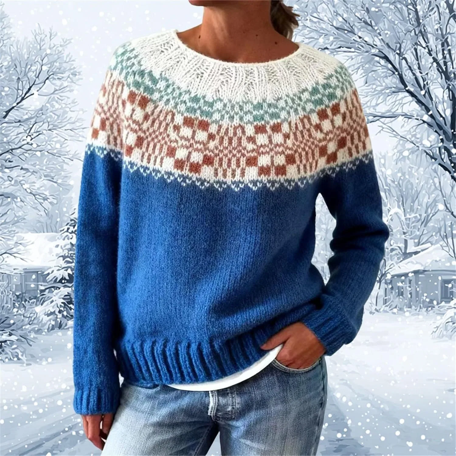 Женский вязаный уютный свитер с круглым вырезом в стиле Fair Isle, винтажный, милый, теплый и комфортный, осенне-зимний, свободного кроя — фото 3
