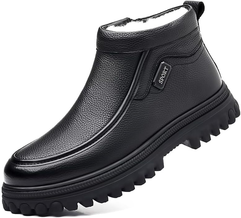 

Мужские зимние спортивные ботинки, черные кожаные высокие ботинки до щиколотки с меховой подкладкой, с прочной рифленой подошвой, повседневный и деловой стиль Generic