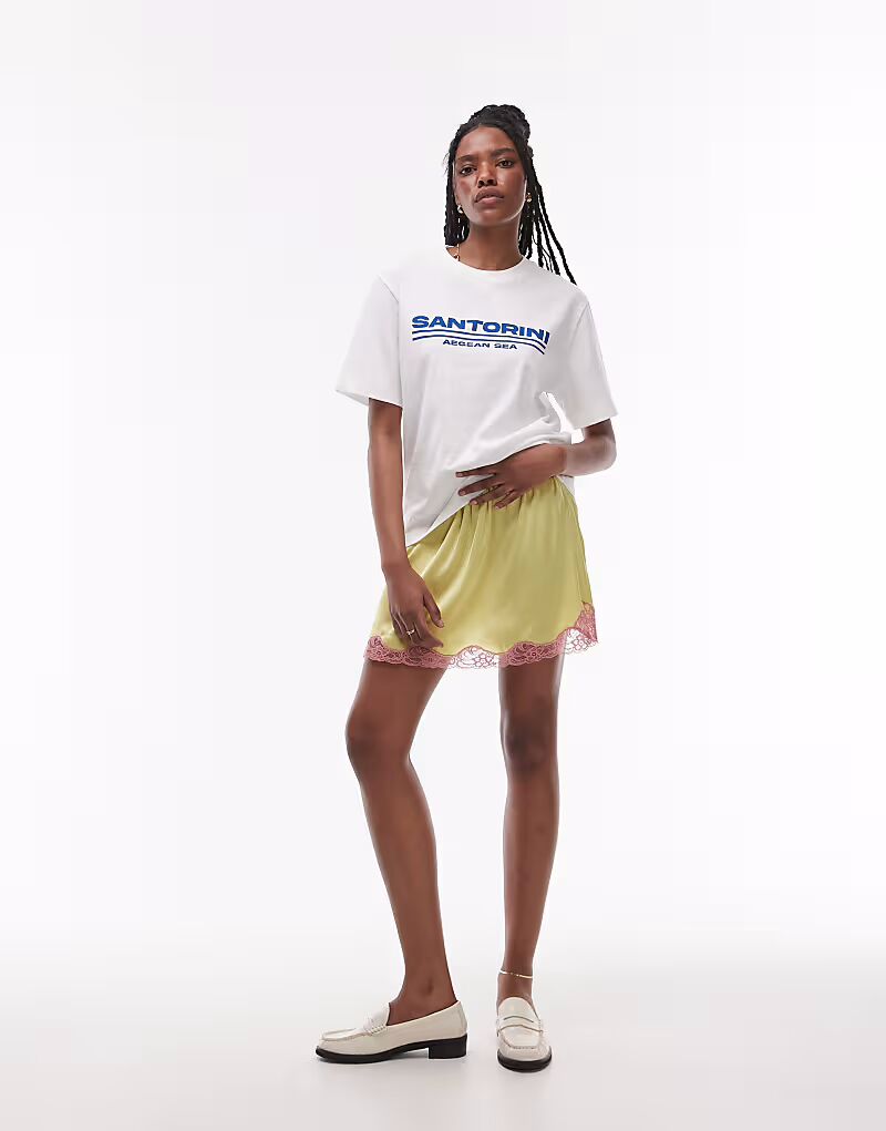 

Мини-юбка из атласа Topshop цвета лайма с бледно-розовым кружевом