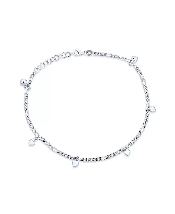 

Браслет на лодыжку с подвесками в виде сердца, цепочка Фигаро из стерлингового серебра, регулируемая длина 9–9,5 дюймов Bling Jewelry, silver