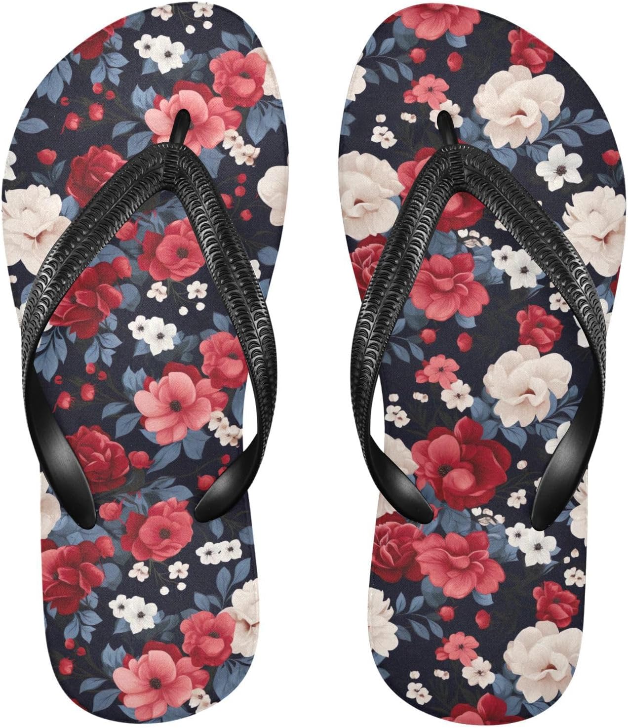 

Красные цветы черные шлепанцы для пляжа с душем, вьетнамки, резиновые нескользящие летние тапочки для женщин и мужчин для ходьбы Sinestour