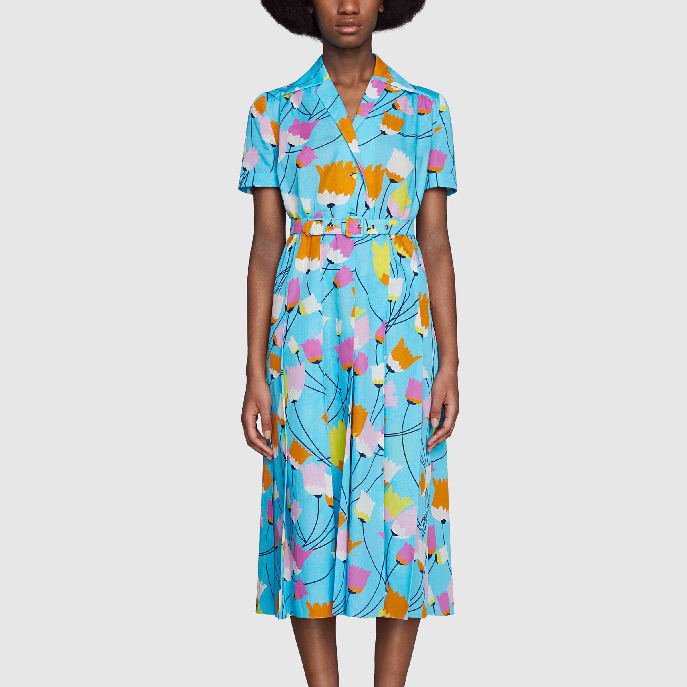 Платье (WMNS) Gucci Tulip print pleated dress 'Blue' — фото 2