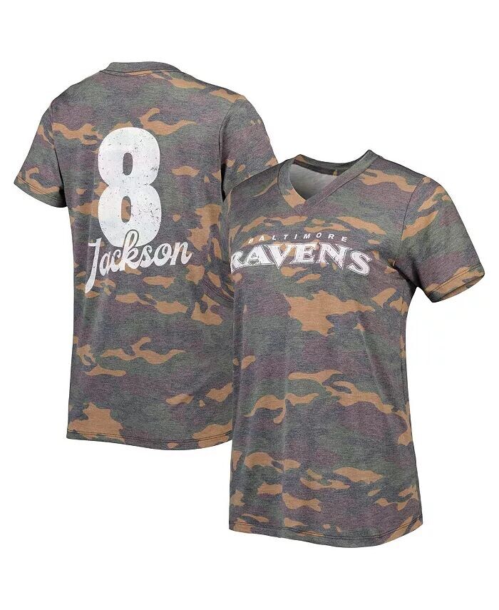 

Женские нитки Lamar Jackson Camo Baltimore Ravens Имя и номер Футболка Tri-Blend с v-образным вырезом Majestic