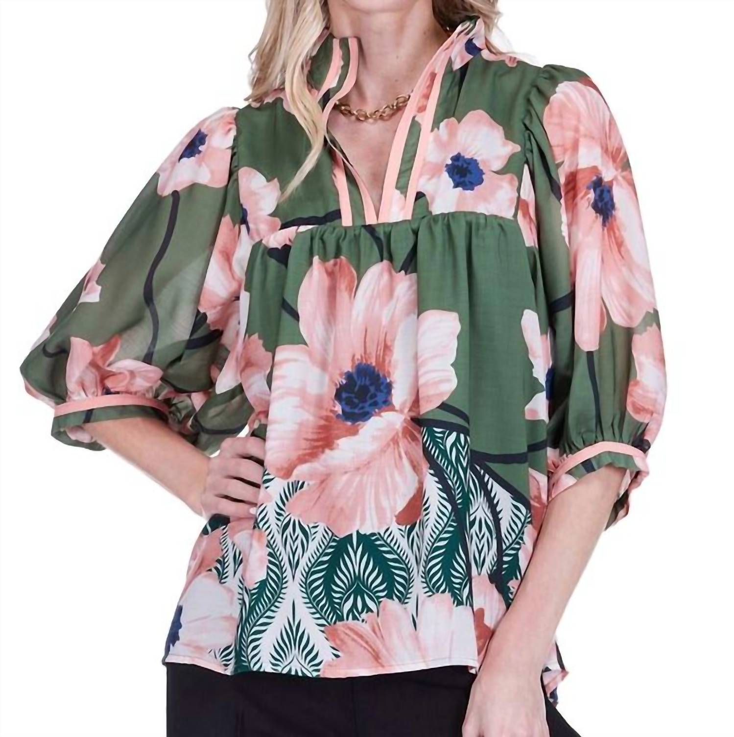 

Jade Топ с воротником-стойкой и пышными рукавами, цвет оливковый