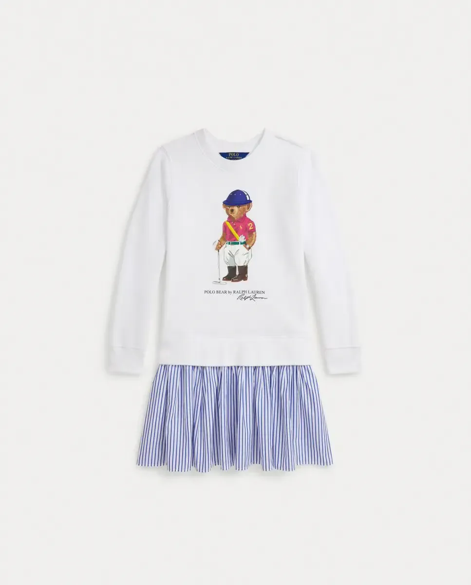 Платье для девочки из махровой ткани с полосками и медведем Polo Polo Ralph Lauren, синий / белый — фото 4