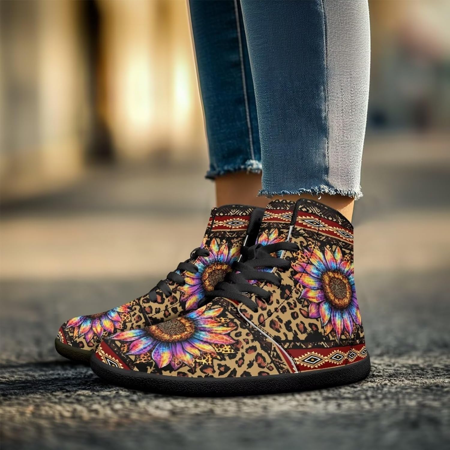 Кроссовки Binienty High Top Barefoot для женщин и мужчин, модные с нулевым перепадом, водонепроницаемые походные ботинки из ПУ-кожи, Aztec Leopard Gradient Sunflower — фото 3