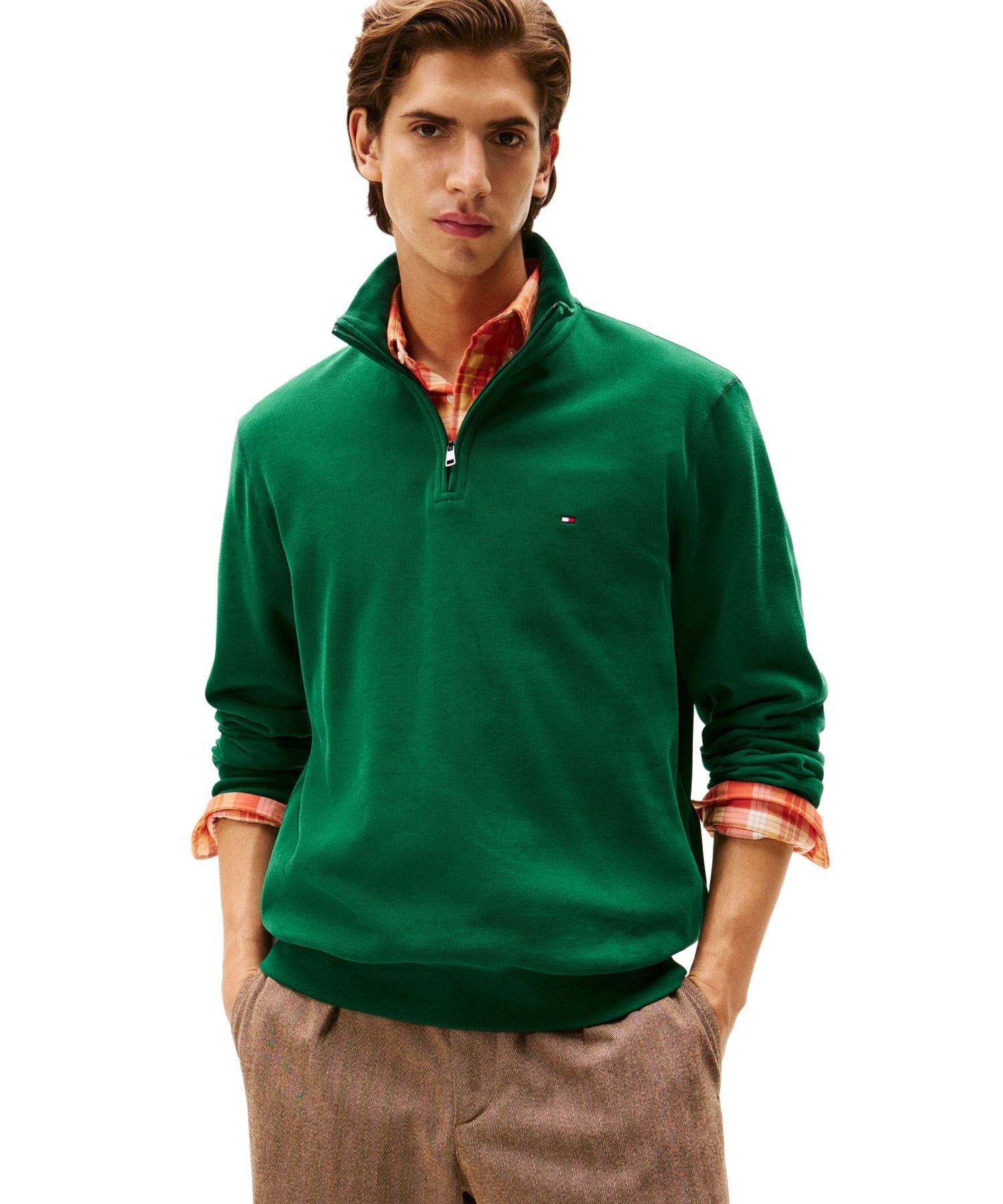 Пуловер с французской ребристой отделкой и молнией на четверть длины TOMMY HILFIGER, Green L6K
