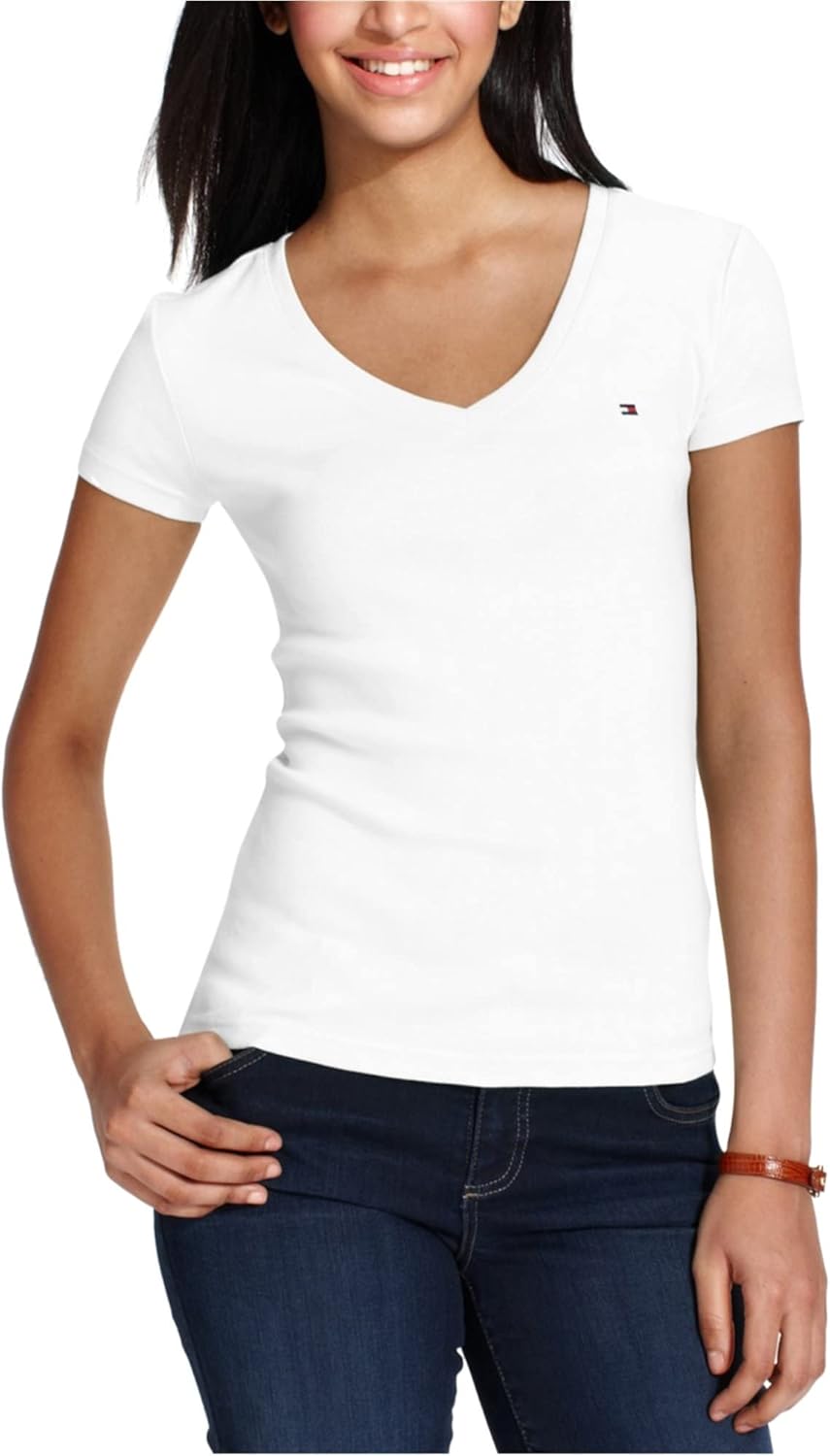 

Женские топы с коротким рукавом Tommy Hilfiger - хлопковые рубашки для женщин с V-образным вырезом и логотипом, White