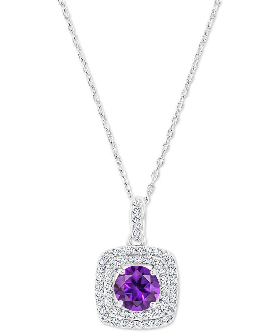 

Подвеска-колье с квадратным ореолом из аметиста и искусственно выращенного белого сапфира, камнями-талисманами по знаку зодиака, из стерлингового серебра, длина 40 см + удлинитель 5 см Macy's, Amethyst