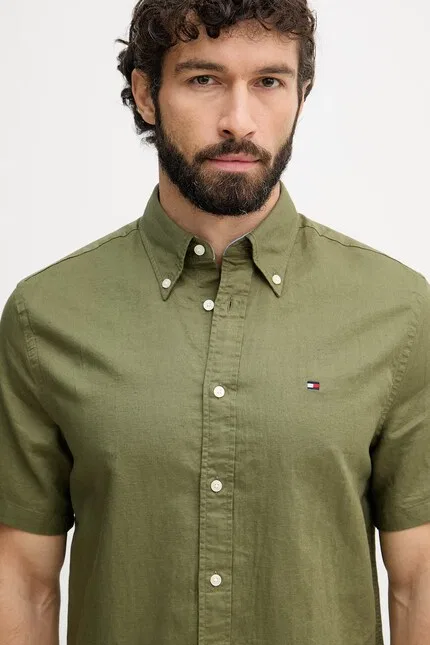 Рубашка с льном Tommy Hilfiger, зеленый — фото 4