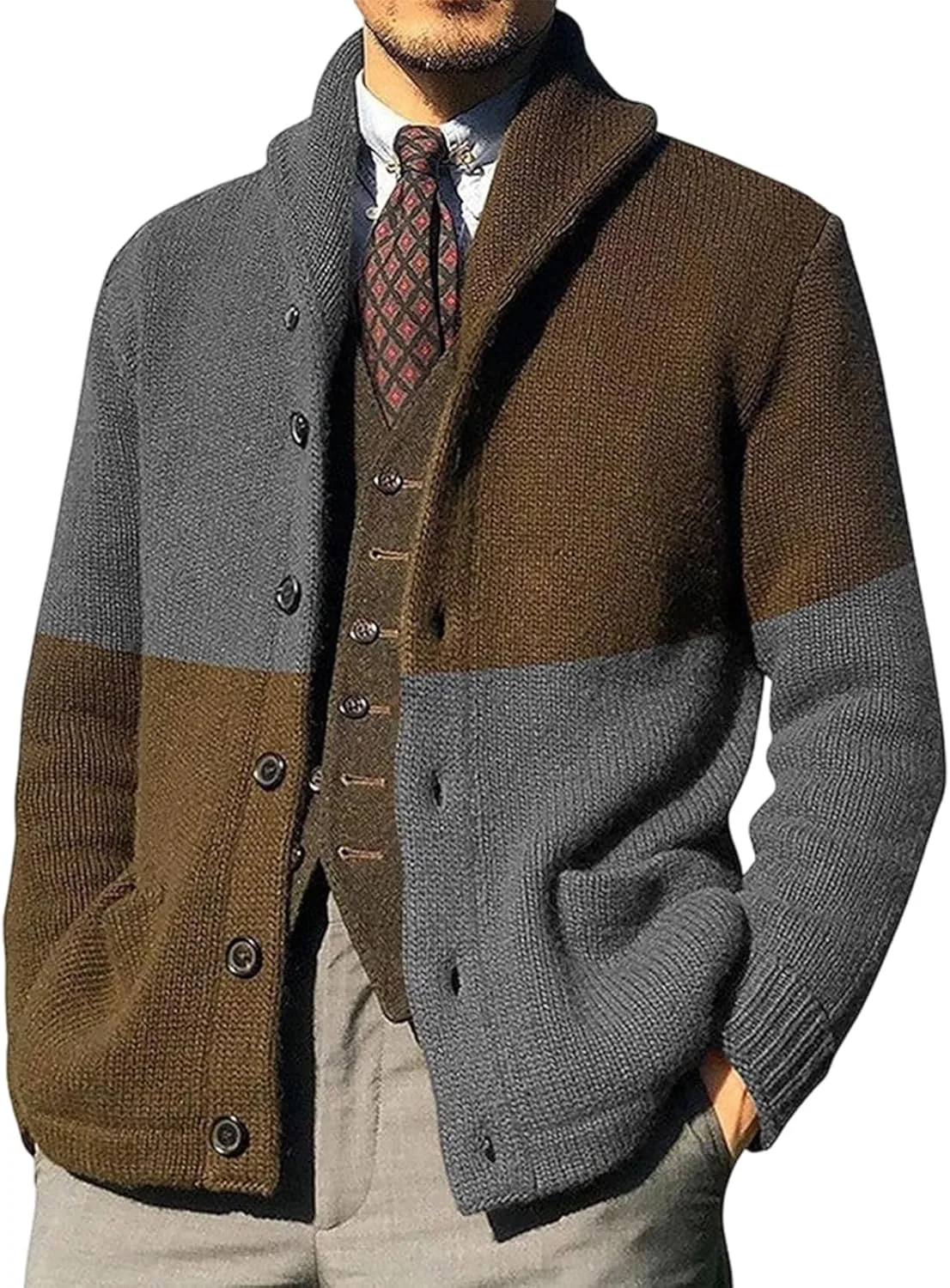 

Мужской кардиган с цветными блоками и пуговицами Guyuati