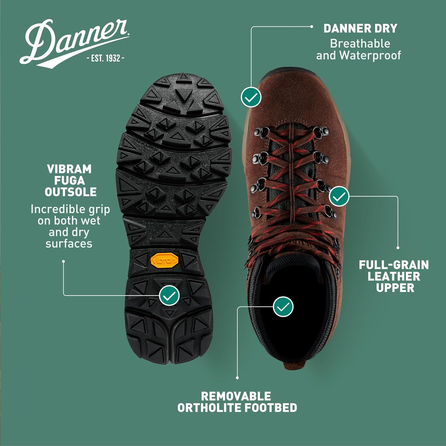 Водонепроницаемые туристические ботинки Danner Mountain 600 для мужчин - легкий, прочный верх, дышащая подкладка, стелька с тройной плотностью и подошва Vibram с отличным сцеплением, Java/Bossa Nova - Suede — фото 4