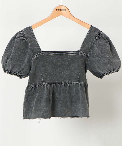 

Женская футболка с баской, пышными рукавами, из джинсовой ткани, с открытыми плечами GORGE, серый