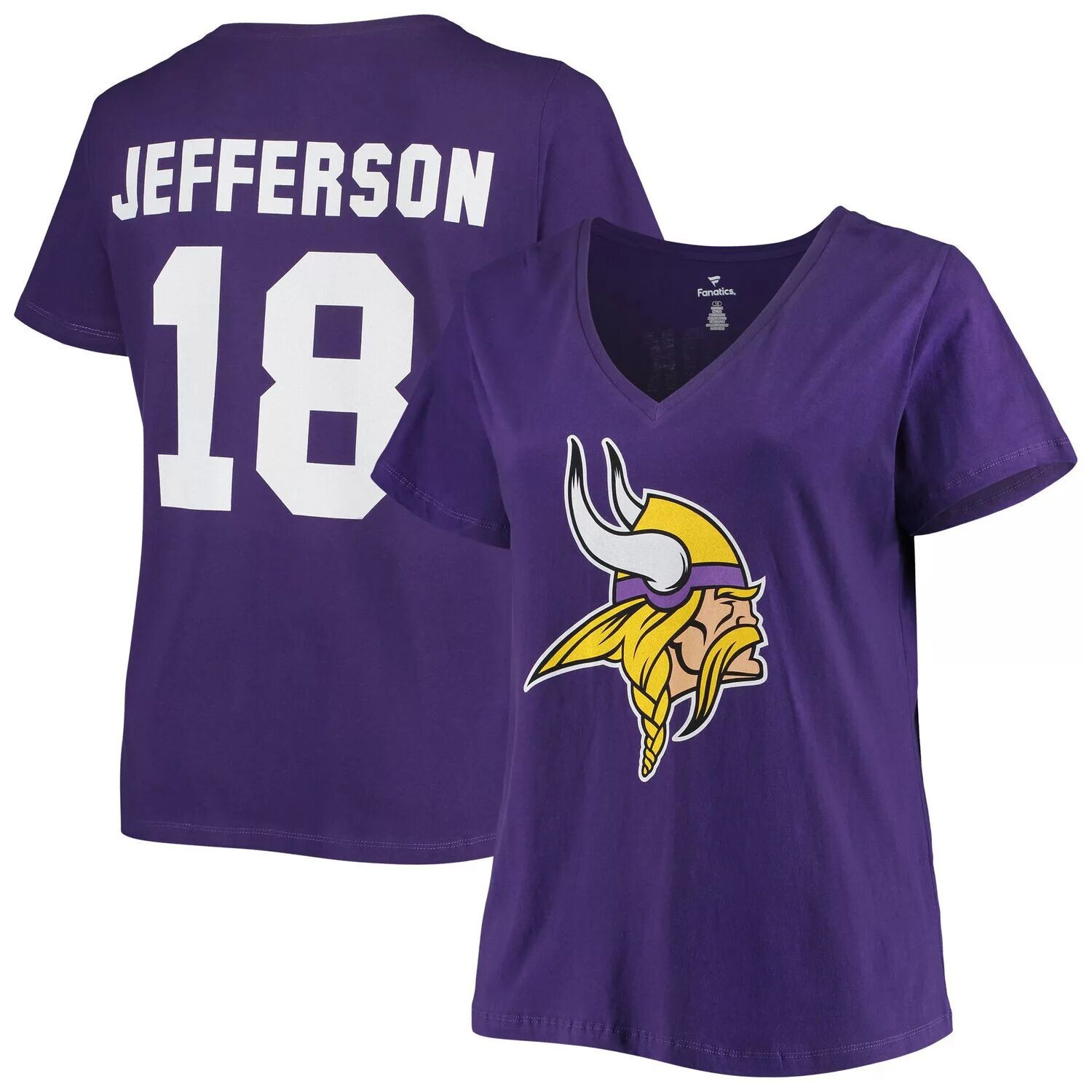 

Женская футболка Fanatics с логотипом Justin Jefferson Purple Minnesota Vikings, большие размеры, имя и номер, футболка с v-образным вырезом Fanatics, Фиолетовый, Женская футболка Fanatics с логотипом Justin Jefferson Purple Minnesota Vikings, большие раз