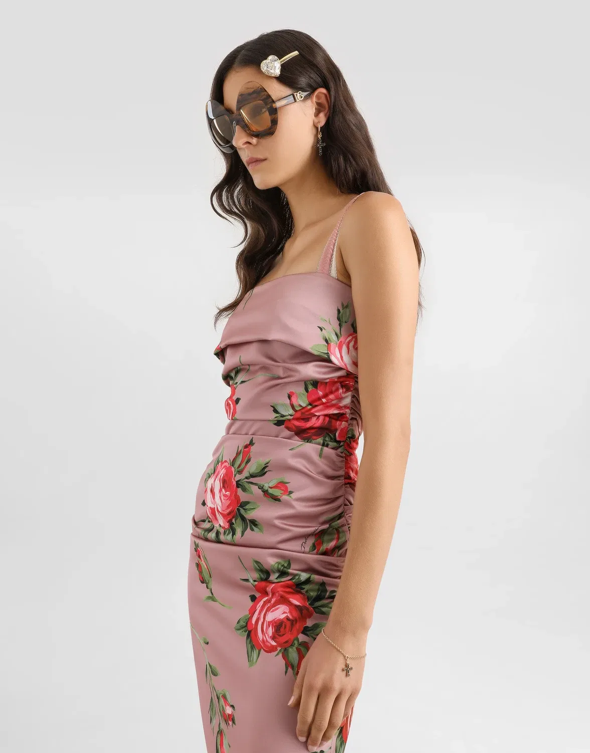 Атласное платье с принтом "букет роз" DOLCE & GABBANA, белый — фото 4