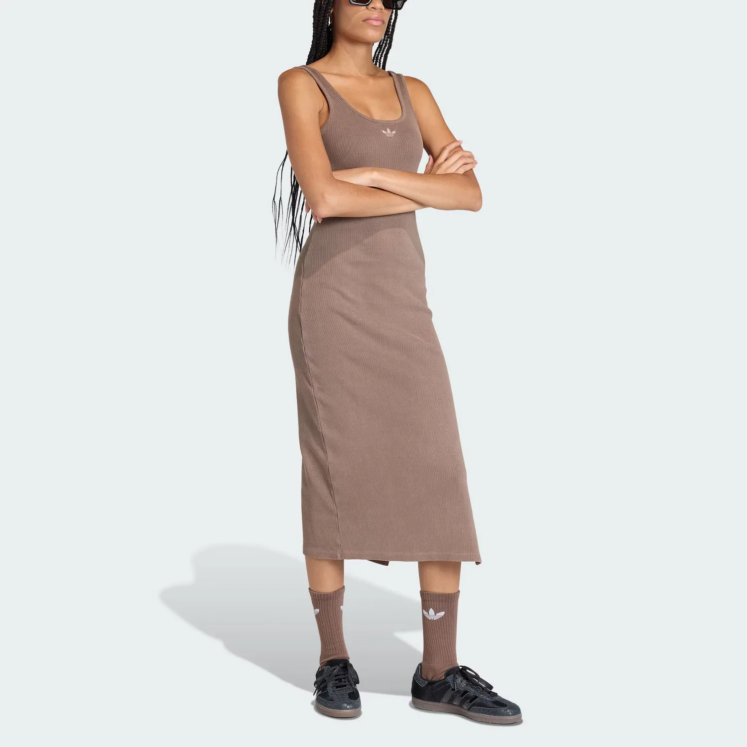 Женское платье-комбинация с ребристым топом Adidas Originals, Stratum Dark Earthy Brown — фото 4