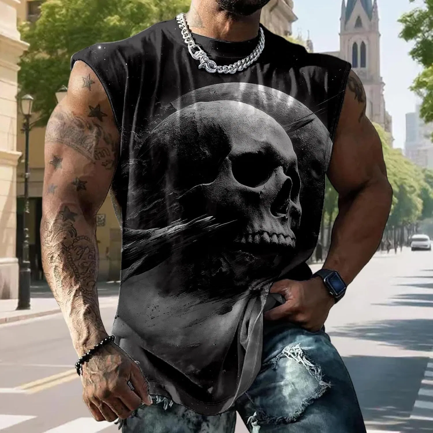 Мужской топ-безрукавка с черепами, Polyester/Spandex, Cosmic Skulls — фото 2