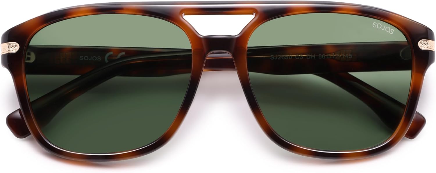 

Солнцезащитные очки-авиаторы SOJOS для женщин и мужчин, квадратные поляризованные линзы, защита от УФ-излучения UV400, дизайнерские очки в стиле 90-х, модель SJ2650, Tortoise/Green Lens