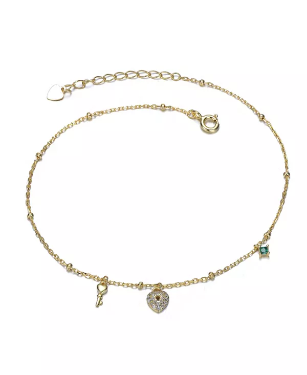 

Браслет на лодыжку с позолотой 14 карат и подвеской в виде сердца и ключа из зеленого кубического циркония Rachel Glauber, green