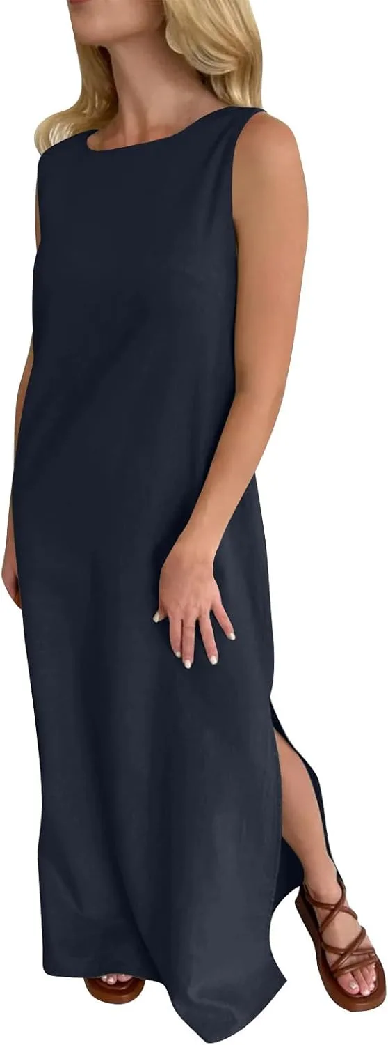 Льняные платья для женщин: повседневное платье-майка без рукавов с круглым вырезом, свободное, мягкое, с разрезом, струящееся, для пляжа и отдыха Generic, темно-синий