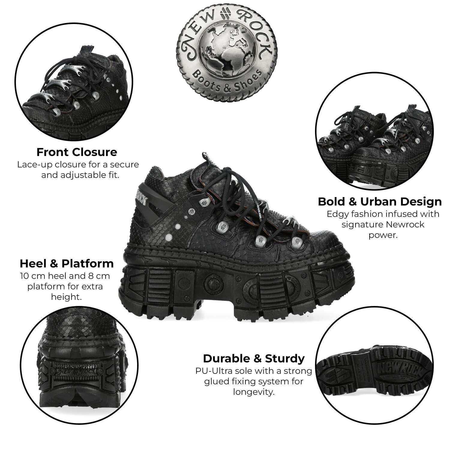 New Rock M-106WALL-C65 Python Черная кожаная платформа Ботинки до щиколотки — фото 2