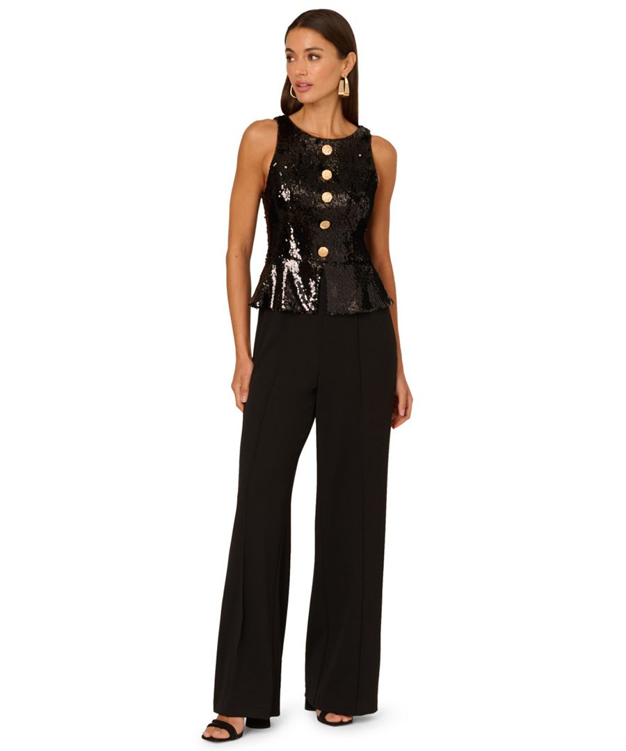 

Женский комбинезон с круглым вырезом, лифом, украшенным пайетками, и широкими штанинами Adrianna, Black