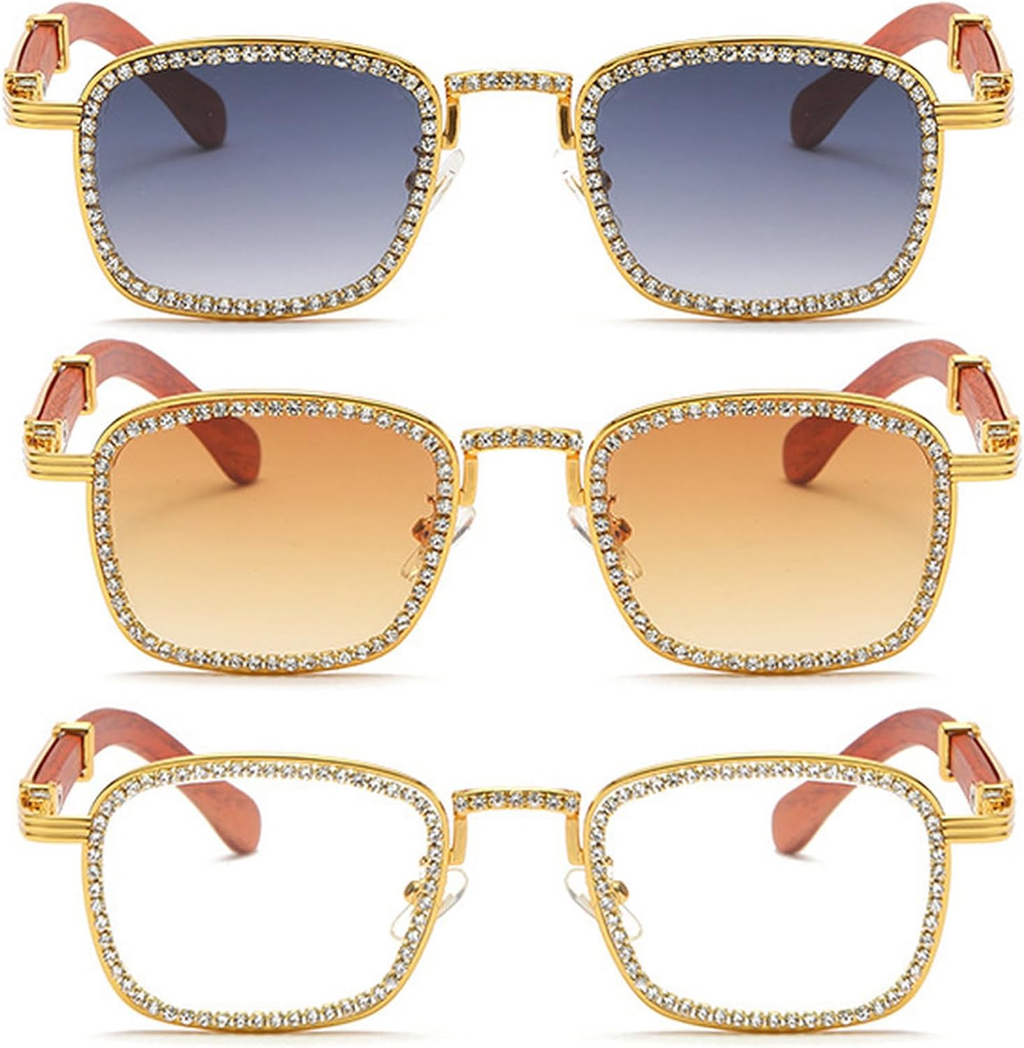 

Винтажные квадратные солнцезащитные очки в стиле панк с деревянными ножками и бриллиантами для мужчин, модные очки в стиле хип-хоп из сплава для женщин, с стразами для вечеринок mincl, 3pcs-gradient Gray&brown&clear