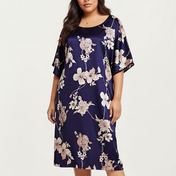 

Женский плюс сайз сатиновый ночнушка с цветочным принтом, свободный крой и круглый вырез Anna-Kaci, Navy