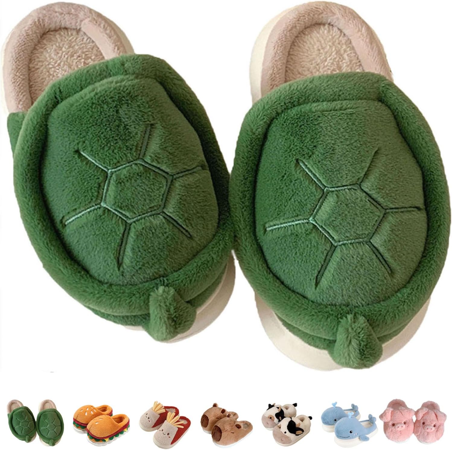 

Тапочки Jfxgjuv в виде черепахи, пушистые тапочки-животные для взрослых и детей, милые плюшевые тапочки-гамбургер, капибара, корова, свинья, акула, мягкие зимние теплые домашние обувь для улицы и дома, зеленый