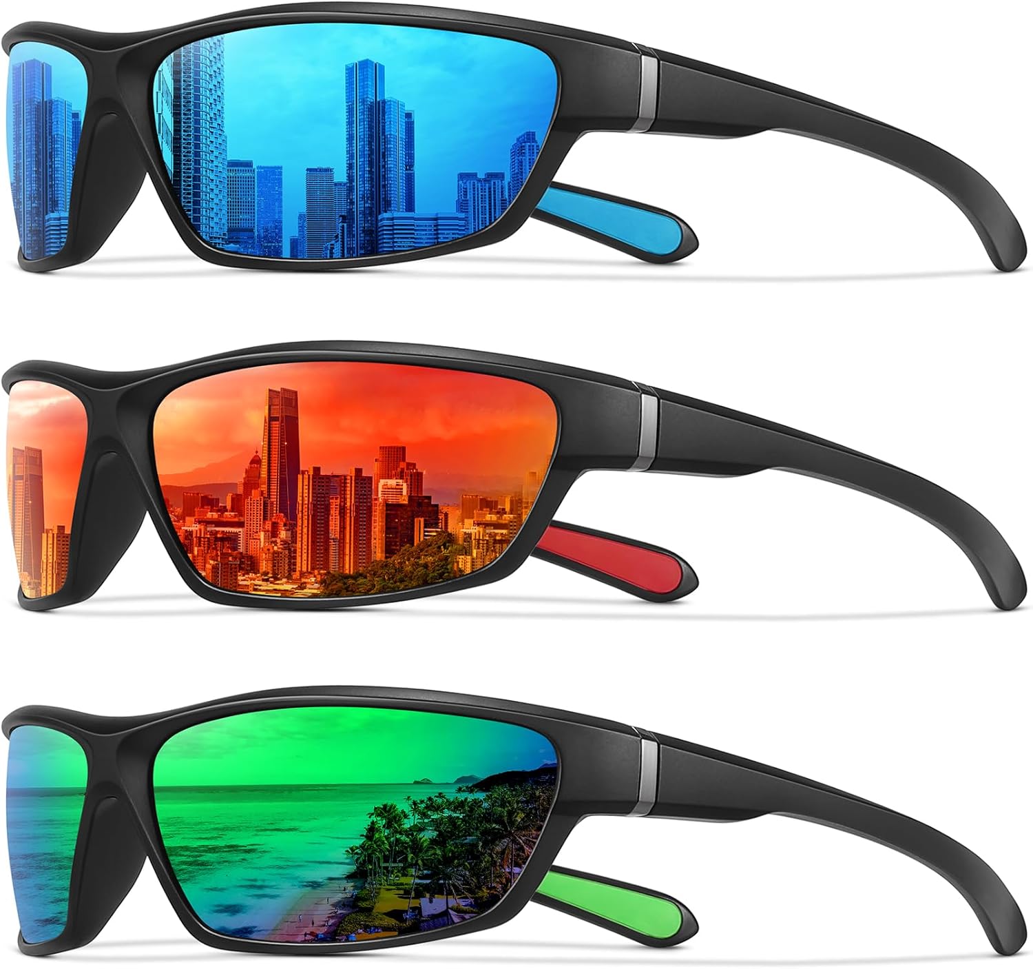 

Поляризованные спортивные солнцезащитные очки MEETSUN для мужчин и женщин, облегающие, для вождения, езды на велосипеде, гольфа, рыбалки, защита UV400, 3pack- Blue+red+green