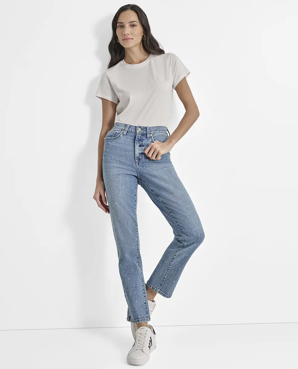 

Женские джинсы-вакеро slim с отделкой из страз Dkny Jeans, темно-синий