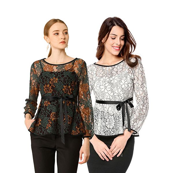 

2 упаковки женских элегантных блуз с длинным рукавом и кружевным пеплумом Inspire Chic, Green White