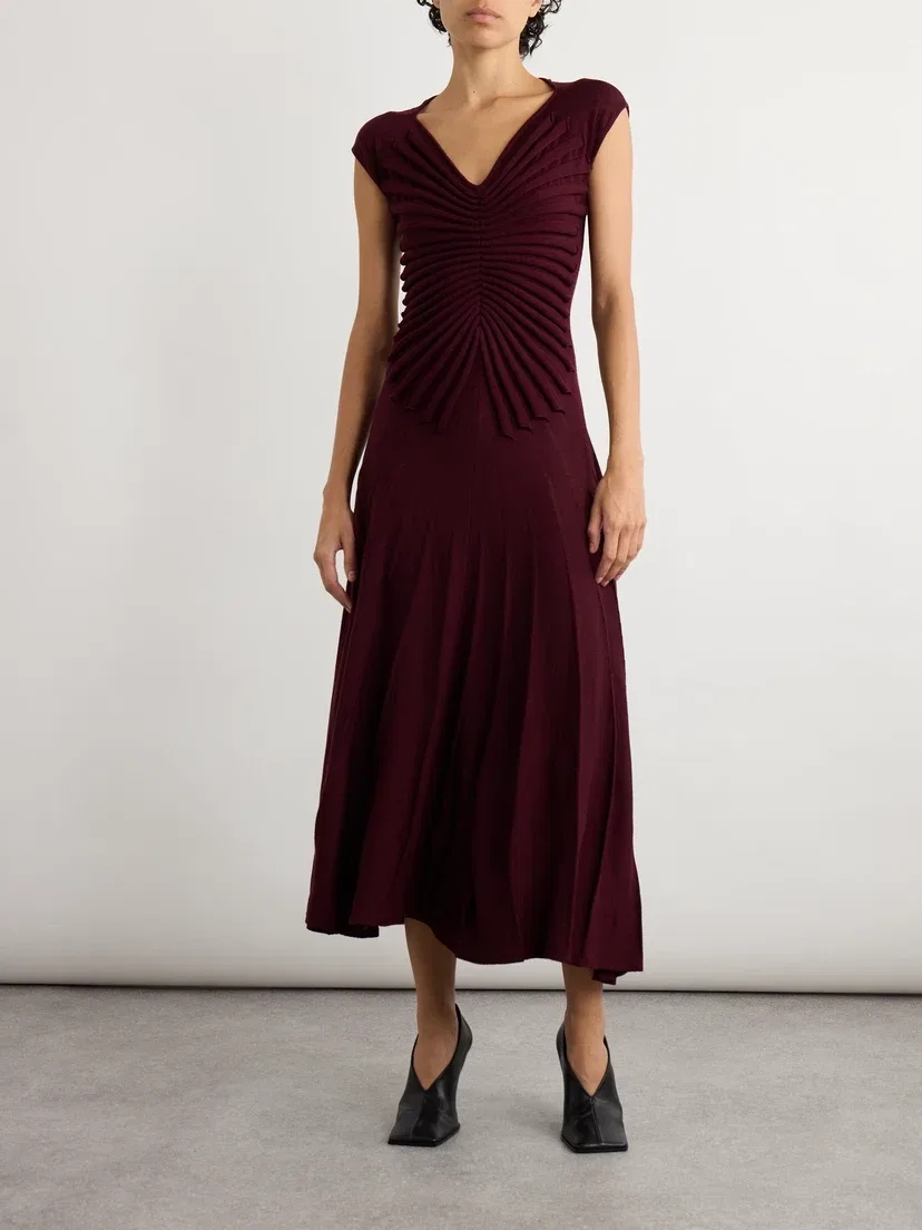 Плиссированное шерстяное миди-платье Alaïa, бордовый — фото 2