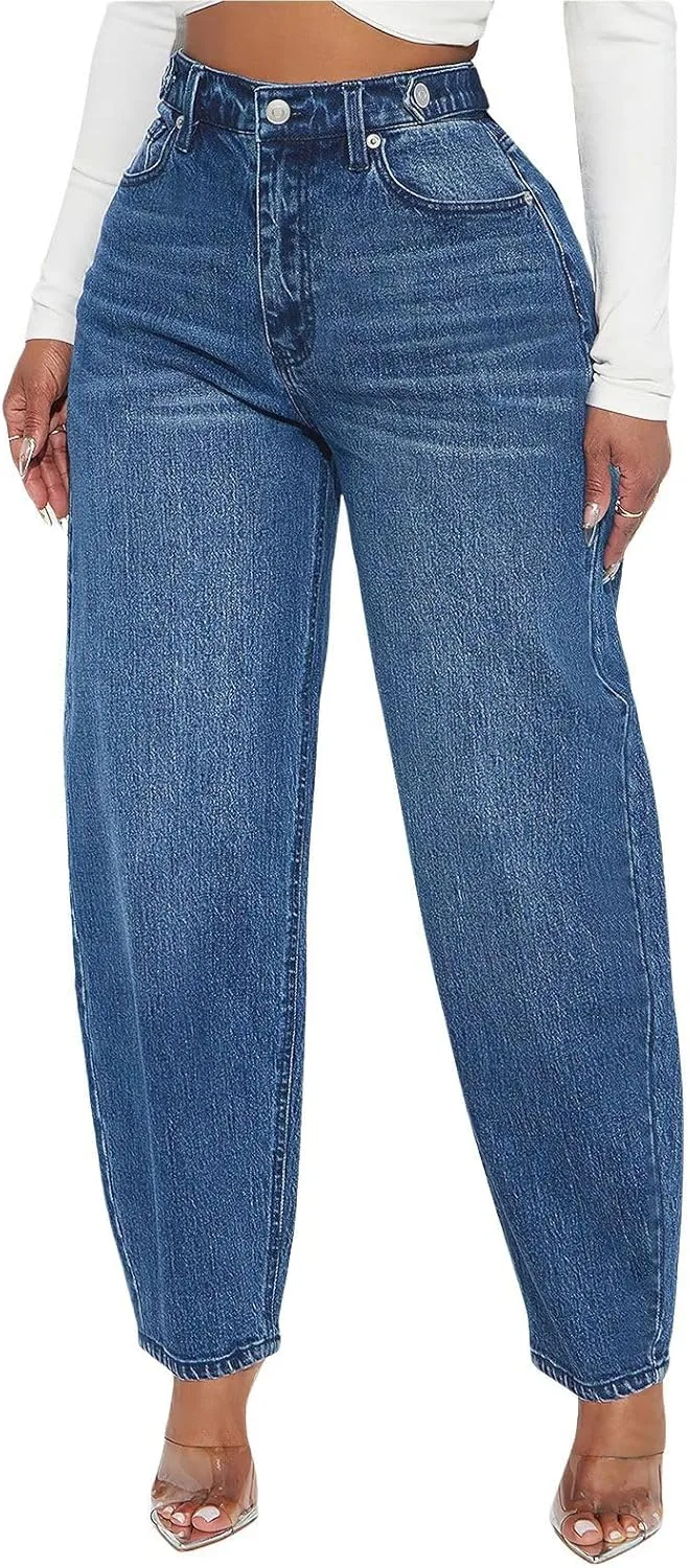 

ebossy Женские винтажные бочкообразные джинсы с широкими штанинами и высокой талией