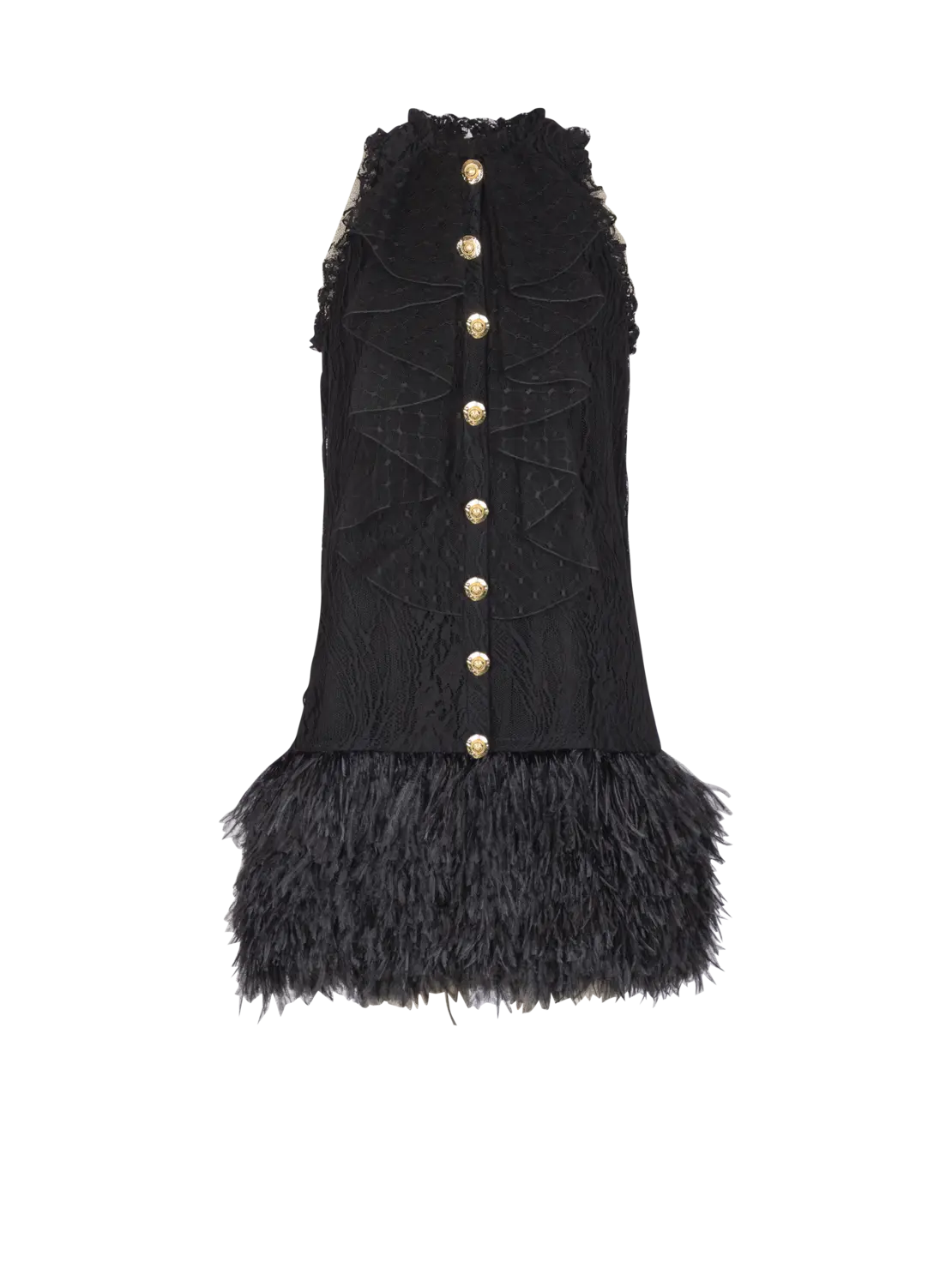 

Платье из струящегося кружева и перьев Balmain, черный