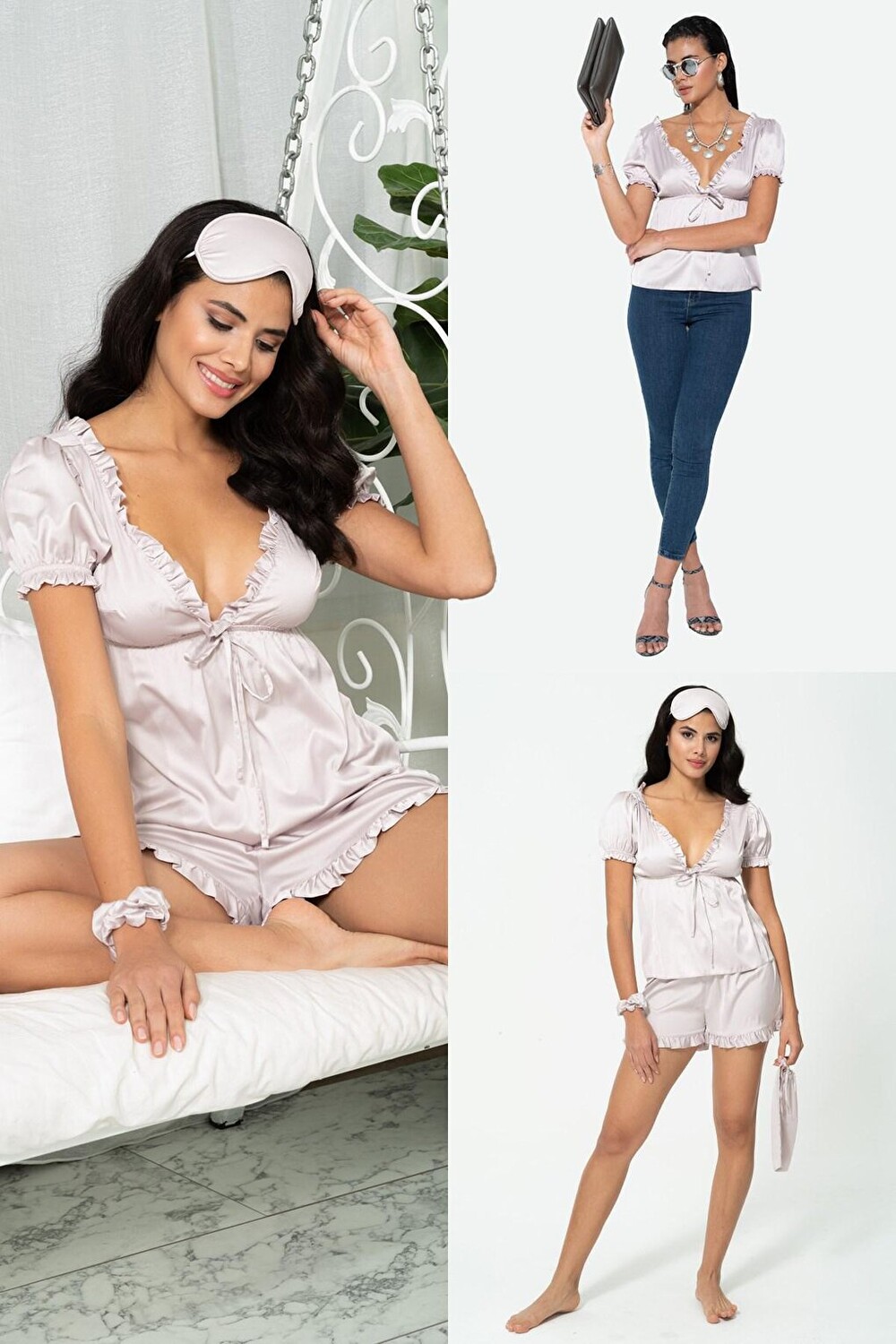 

Серый пижамный комплект с оборками из 5 предметов внутри и снаружи FOR YOU MODA