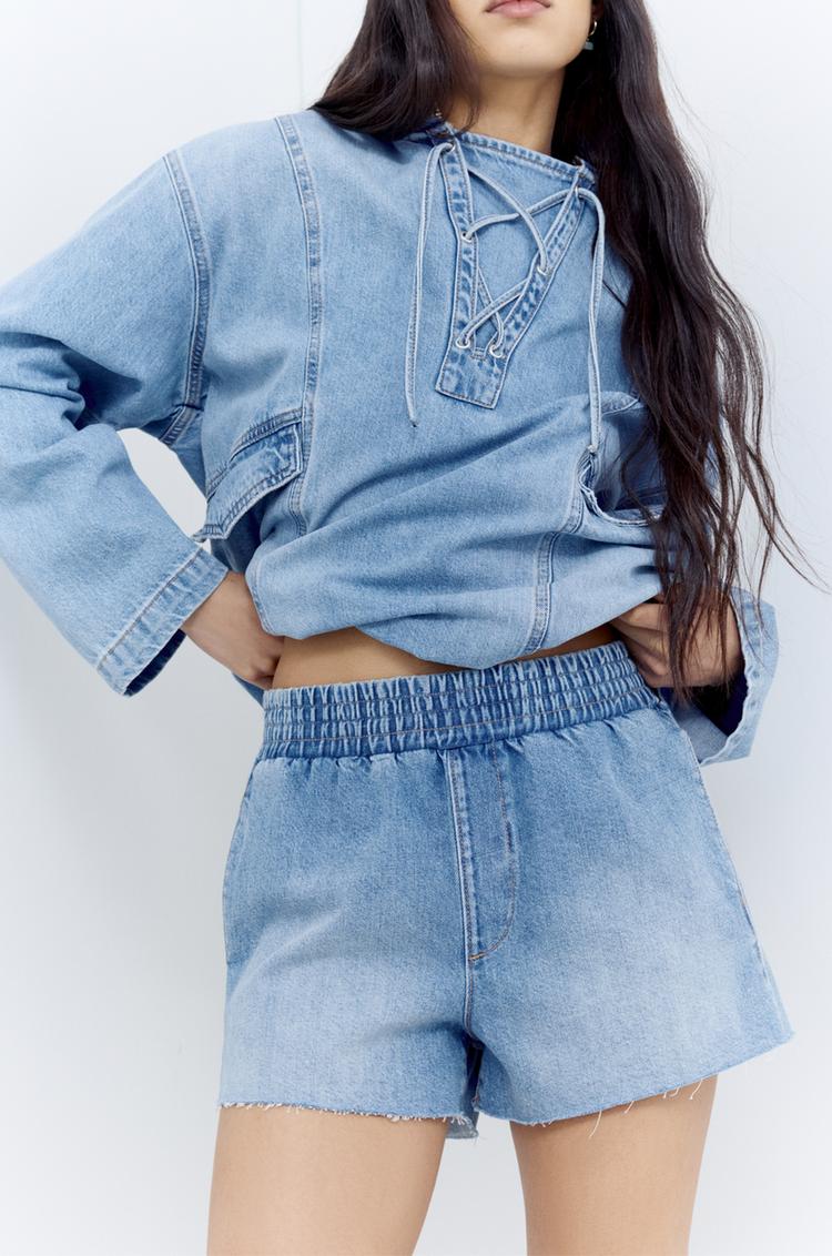 

Джинсовые шорты-боксеры с эластичным поясом Pull And Bear, синий