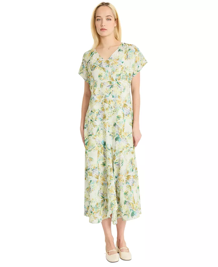 

Женское платье миди с V-образным вырезом и рукавом реглан с принтом Luxely, загар/бежевый