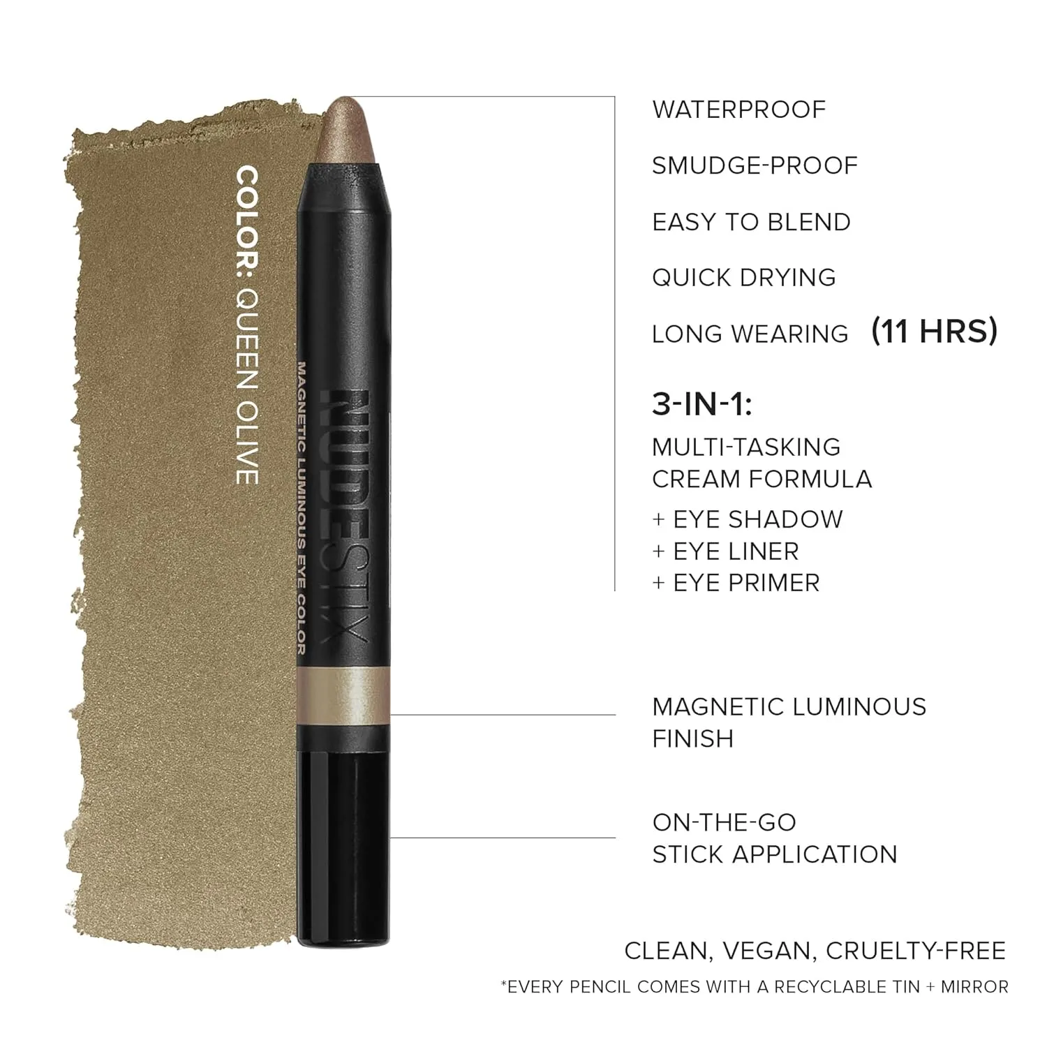 Nudestix Magnetic Luminous Eye Color - кремовые тени-карандаш 4-в-1, подводка для глаз, праймер и хайлайтер | Стойкий, водостойкий сатиновый финиш | Веганский продукт, не тестируется на животных, queen olive — фото 4