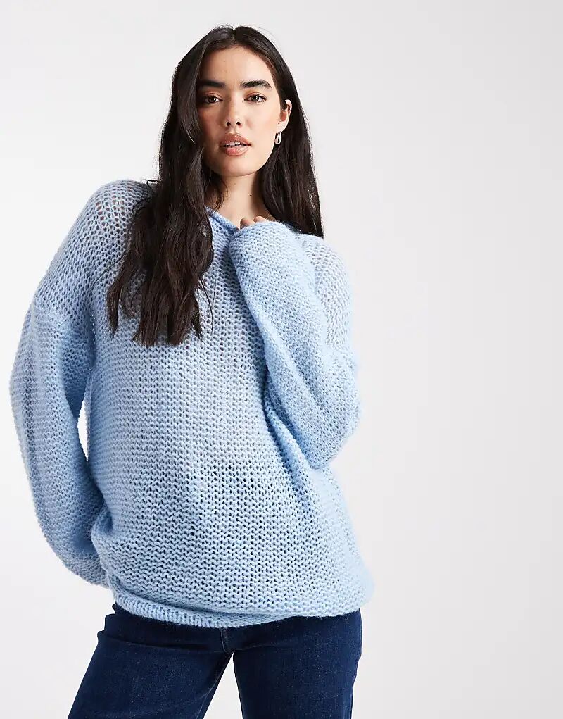 

Джемпер свободной вязки ASOS DESIGN с косой горловиной и подвернутым краем синего цвета