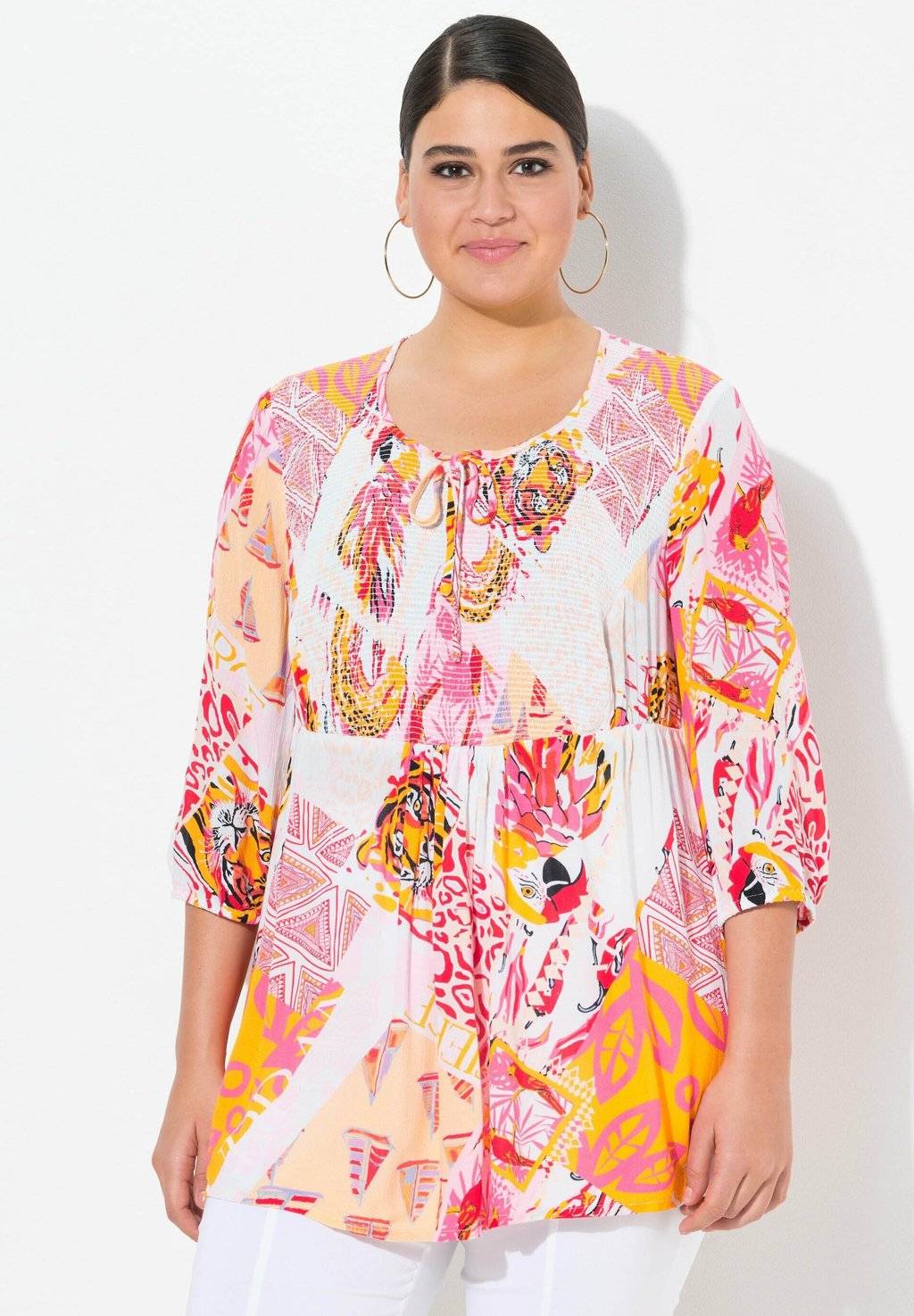 

Блуза PRINTED SMOCKED BODICE 3/4 SLEEVE Ulla Popken, белый