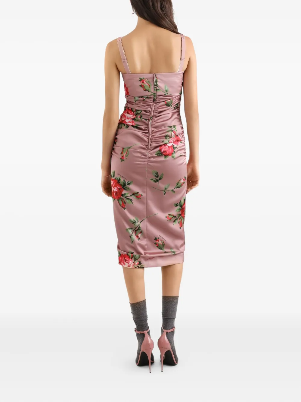 Платье миди с цветочным принтом и сборками DOLCE & GABBANA, розовый — фото 3
