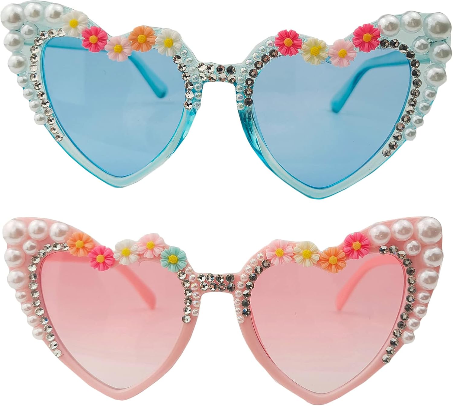 

Солнцезащитные очки Willochra в форме сердца со стразами, модные женские солнцезащитные очки с бриллиантовым блеском для вечеринки, жемчужные солнцезащитные очки с кристаллами, 2pcs-pink&blue