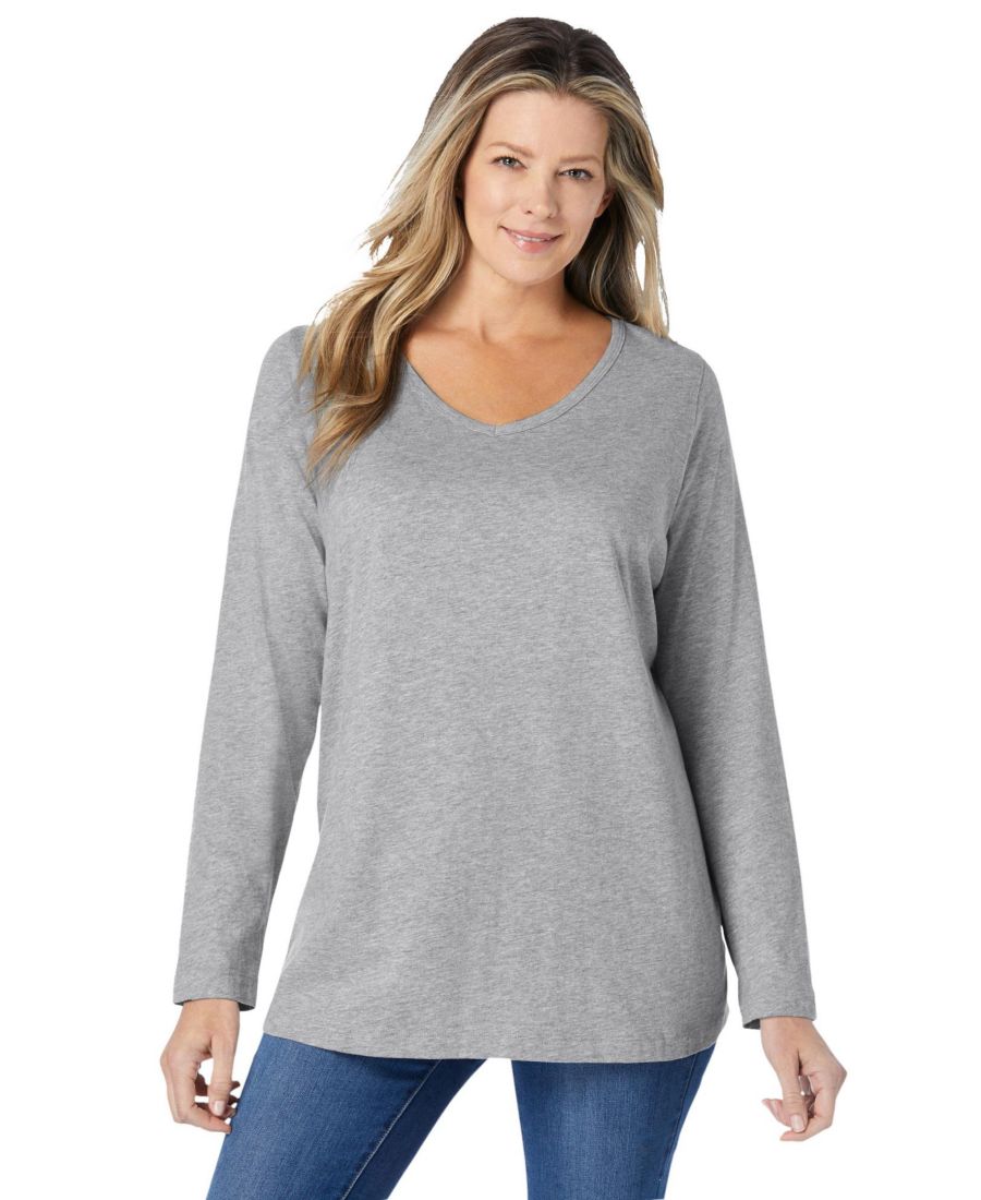 

Футболка с длинными рукавами и V-образным вырезом, идеально подходящая для полных женщин Woman Within, Medium heather grey, Серый, Футболка с длинными рукавами и V-образным вырезом, идеально подходящая для полных женщин Woman Within, Medium heather grey