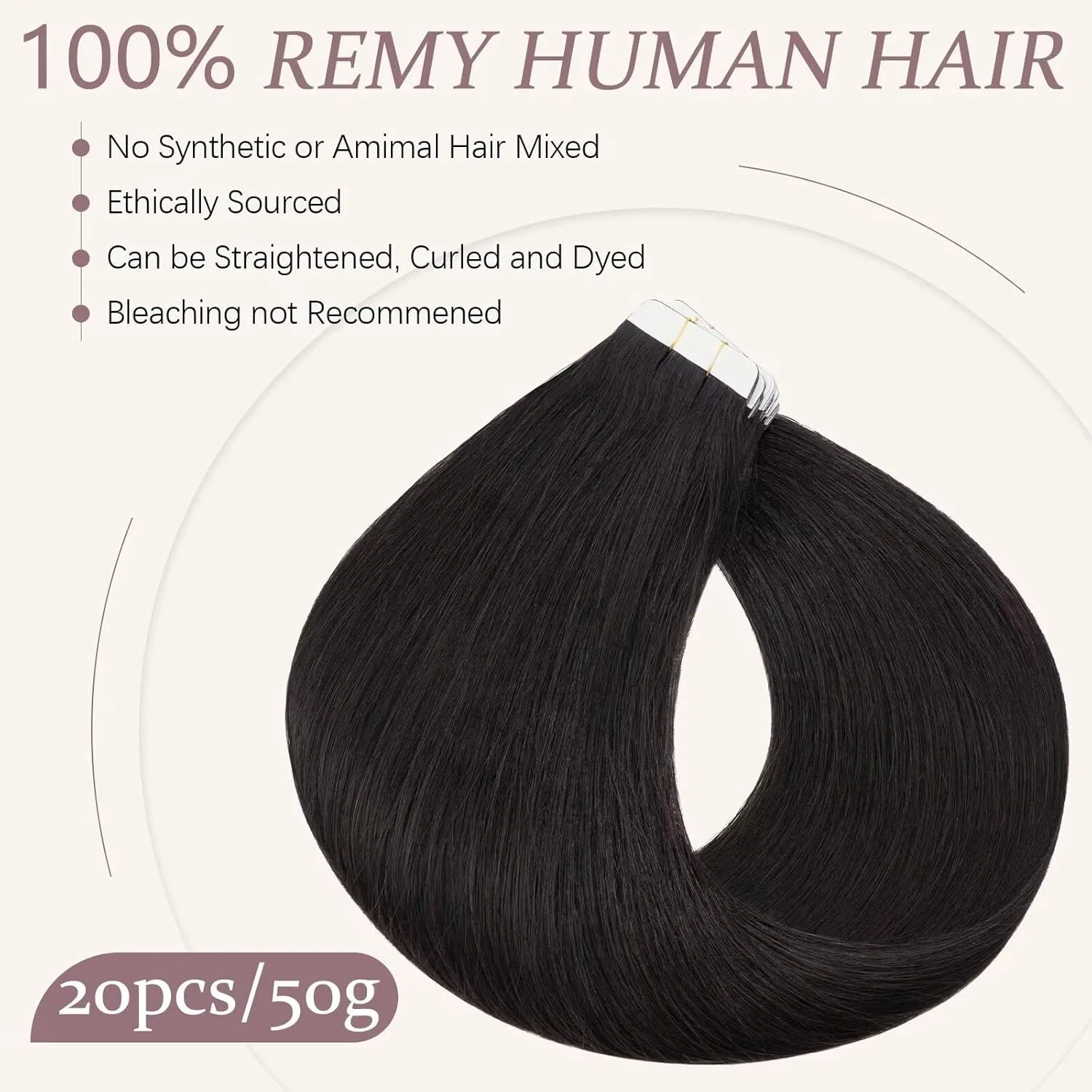 Накладные пряди TESS Smooth Remy Human Hair Tape-In Extensions, 45 см, натуральный черный (20 шт.) Tess, Natural Black — фото 2