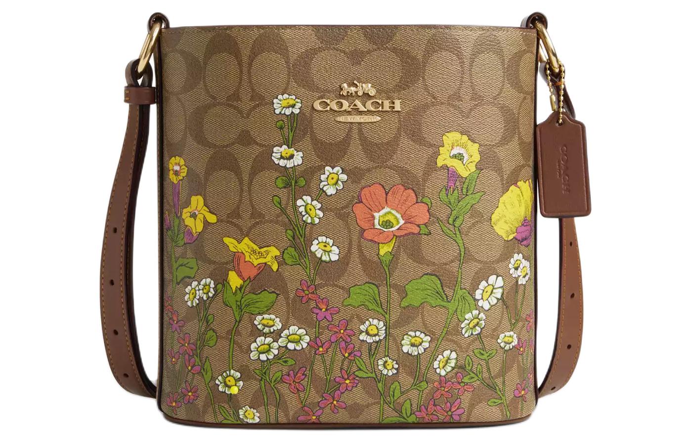 

COACH Сумки-ведра из фирменного холста, сумка через плечо, женская сумка через плечо, золото и хаки, разноцветная