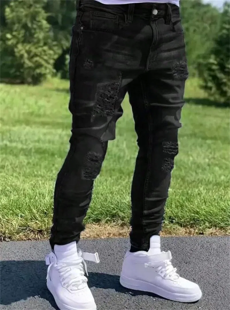 Джинсы Slim Fit с потертостями, Синий — фото 4