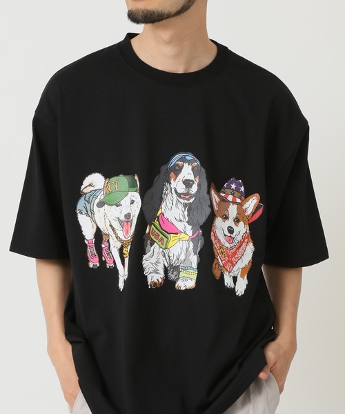 

Футболка с короткими рукавами, плотный трикотаж, анималистический принт с собаками и кошками спереди и сзади CORISCO, черный