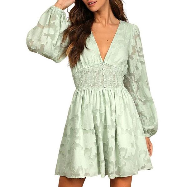 

Женское платье из шифона с вышивкой и v-образным вырезом, длинный рукав, силуэт а-силуэт, для повседневной носки Joyjoy, Light Green